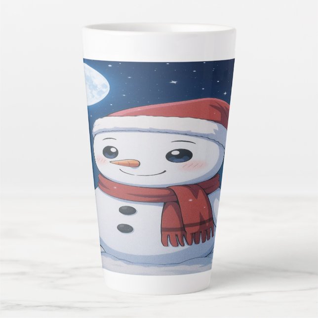  Moonlit Christmas Magic: Kawaii Snowman  Latte Mug (Front)