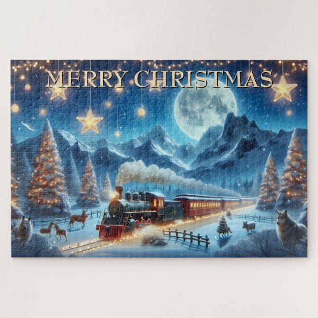 Moonlit Christmas Train with Forest Animals Jigsaw Puzzle (Horizontal)