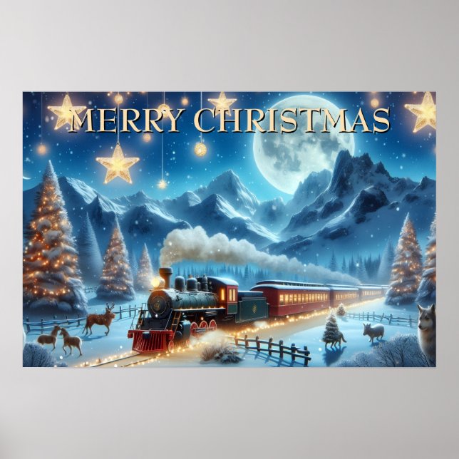 Moonlit Christmas Train with Forest Animals Poster (Front)
