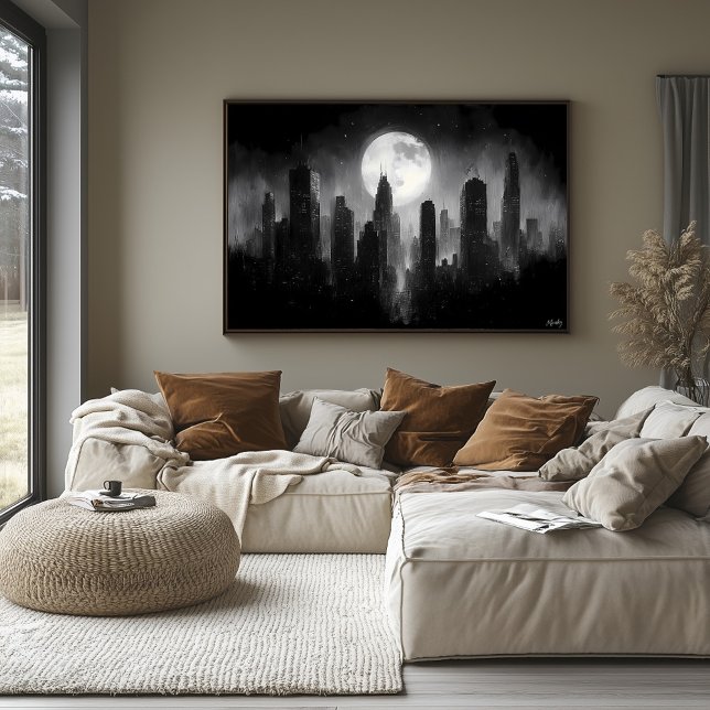 Moonlit City Skyline with Full Moon - Black White Poster (Creator Uploaded)