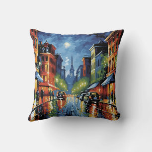 Moonlit City Street Cushion