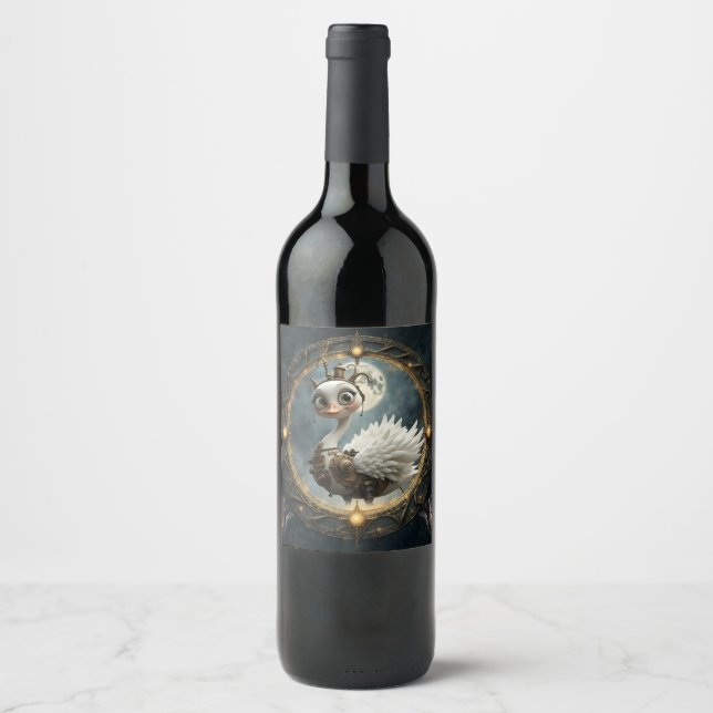 Moonlit Clockwork Swan – Keeper of Curious Dreams. Wine Label (Front)