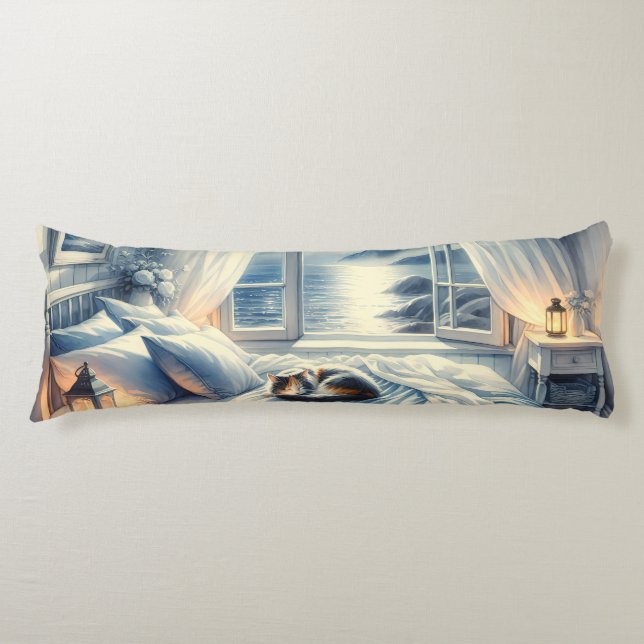 Moonlit Coastal Bedroom with Sleeping Cat Body Cushion (Front)