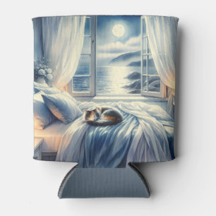 Moonlit Coastal Bedroom with Sleeping Cat Can Cooler