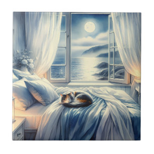 Moonlit Coastal Bedroom with Sleeping Cat Ceramic Tile