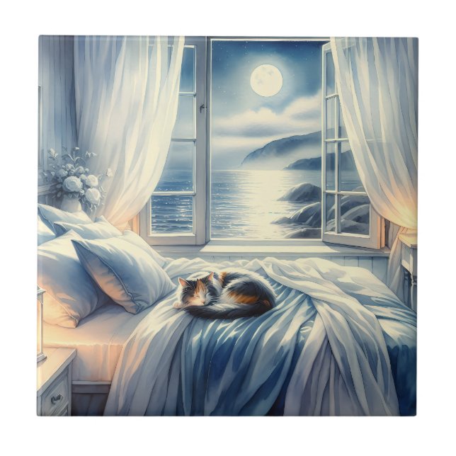 Moonlit Coastal Bedroom with Sleeping Cat Ceramic Tile (Front)