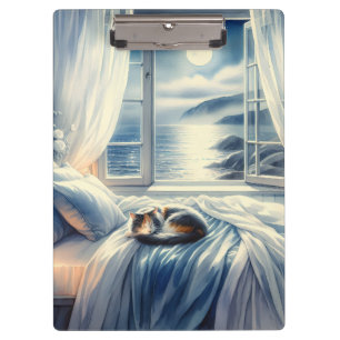 Moonlit Coastal Bedroom with Sleeping Cat Clipboard