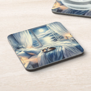 Moonlit Coastal Bedroom with Sleeping Cat Coaster