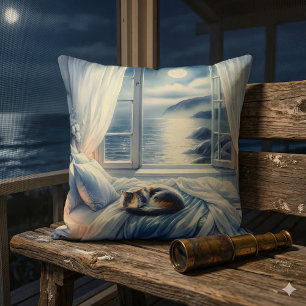 Moonlit Coastal Bedroom with Sleeping Cat Cushion