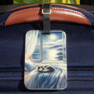 Moonlit Coastal Bedroom with Sleeping Cat Luggage Tag
