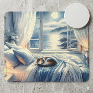 Moonlit Coastal Bedroom with Sleeping Cat Mouse Pad