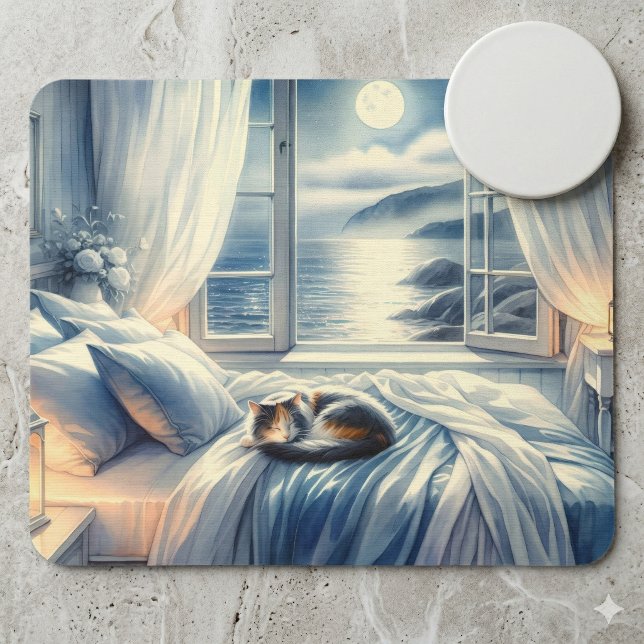Moonlit Coastal Bedroom with Sleeping Cat Mouse Pad (Moonlit Coastal Bedroom with Sleeping Cat Mouse Pad)