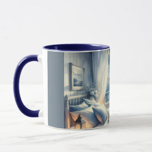Moonlit Coastal Bedroom with Sleeping Cat Mug