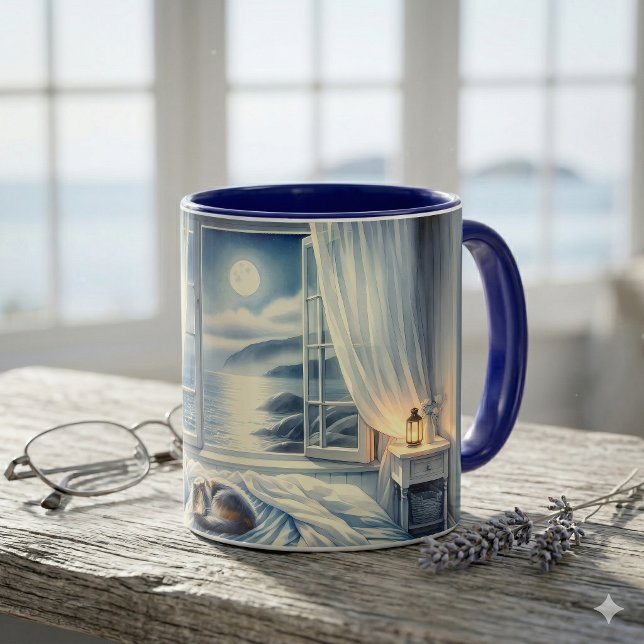 Moonlit Coastal Bedroom with Sleeping Cat Mug (Moonlit Coastal Bedroom with Sleeping Cat Mug)
