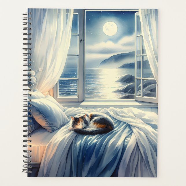 Moonlit Coastal Bedroom with Sleeping Cat Planner (Front)