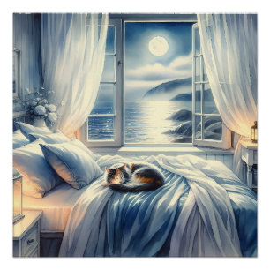 Moonlit Coastal Bedroom with Sleeping Cat Poster