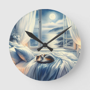 Moonlit Coastal Bedroom with Sleeping Cat Round Clock