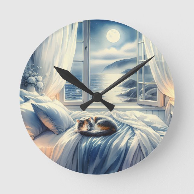 Moonlit Coastal Bedroom with Sleeping Cat Round Clock (Front)