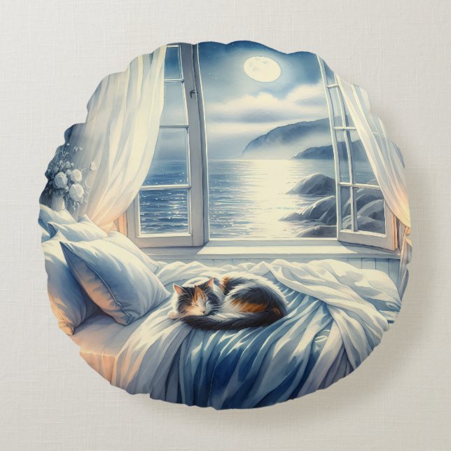 Moonlit Coastal Bedroom with Sleeping Cat Round Cushion (Front)