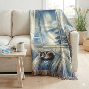 Moonlit Coastal Bedroom with Sleeping Cat Throw Blanket