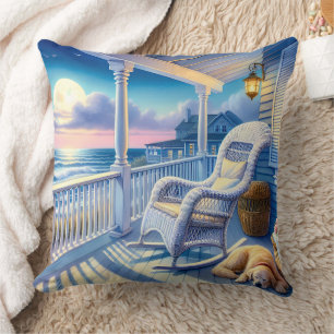 Moonlit Coastal Porch with Dog & Ocean View Cushion