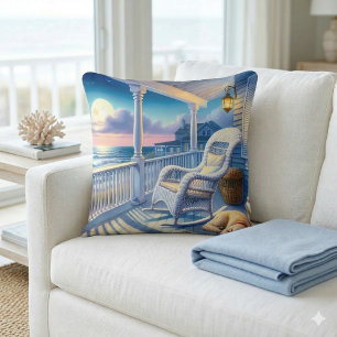 Moonlit Coastal Porch with Dog & Ocean View Cushion