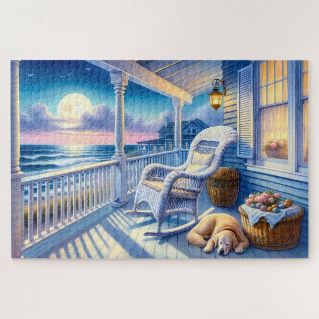 Moonlit Coastal Porch with Dog & Ocean View Jigsaw Puzzle (Horizontal)