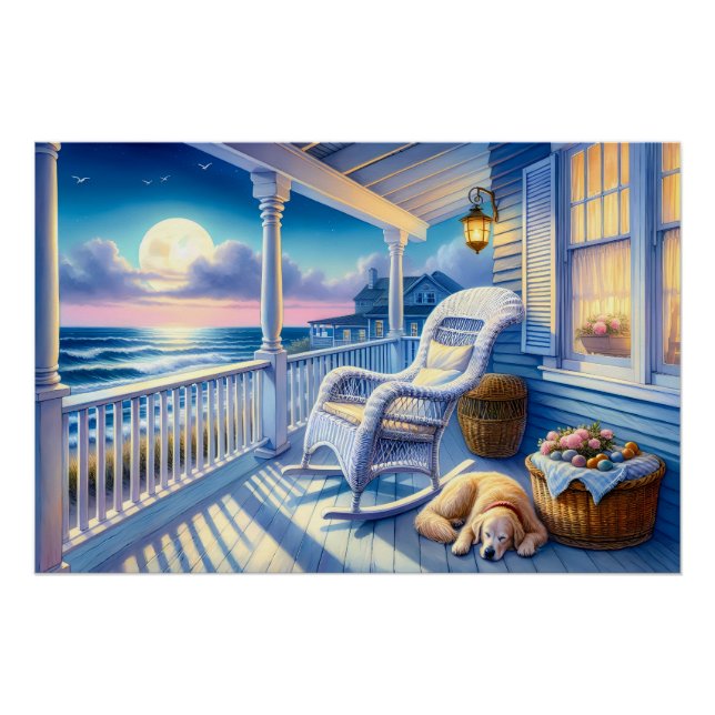 Moonlit Coastal Porch with Dog & Ocean View Poster (Front)