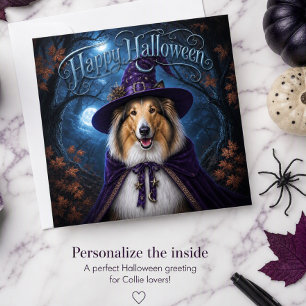 Moonlit Collie Witch Halloween Holiday Card Card