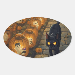 Moonlit Companions – Halloween Night Oval Sticker