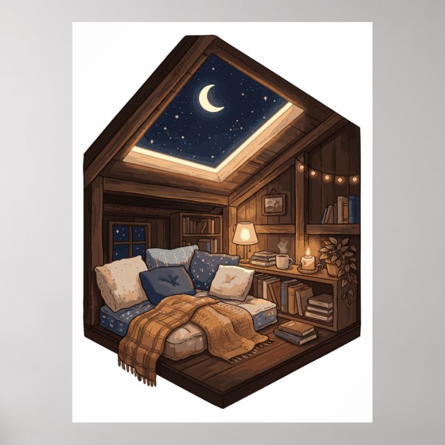 Moonlit Cosy Cabin Reading Nook Illustration Poster (Front)
