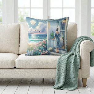 Moonlit Cottage Porch by the Sea Cushion