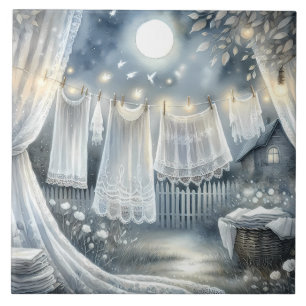Moonlit Cottagecore Laundry Line Ceramic Tile