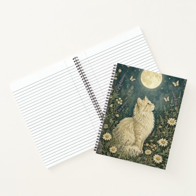 Moonlit Cream Cat Botanical Painting Notebook (Inside)
