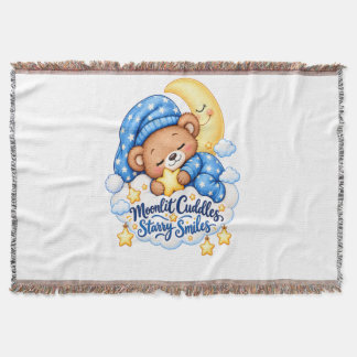Moonlit Cuddles Starry Smiles Cute Sleeping Teddy Throw Blanket