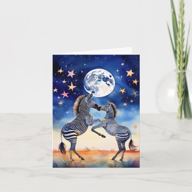 Moonlit Dance Zebras in Love Note Card (Front)