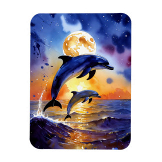 Moonlit Dolphin Dreams Over Sunset Ocean Magnet