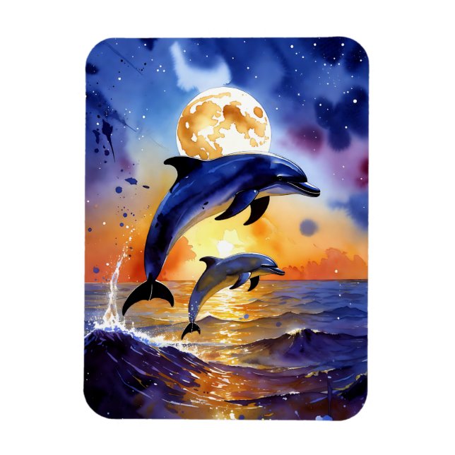 Moonlit Dolphin Dreams Over Sunset Ocean Magnet (Vertical)