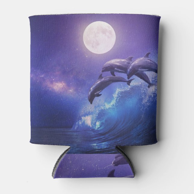 Moonlit Dolphins: Night Ocean Fantasy Can Cooler (Front)