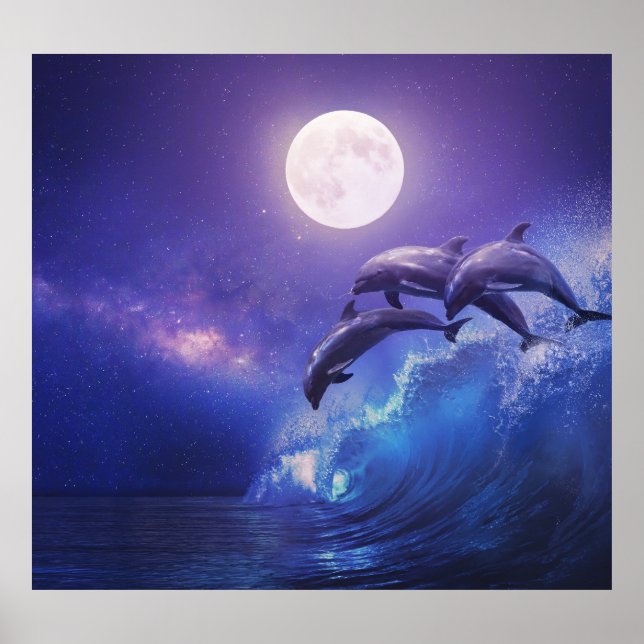 Moonlit Dolphins: Night Ocean Fantasy Poster (Front)