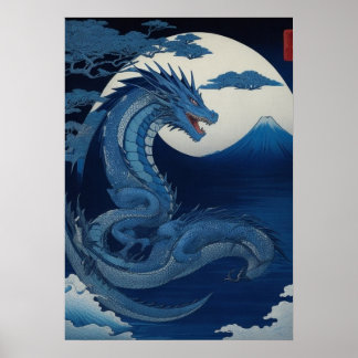 Moonlit Dragon of Fuji Wall Art Poster