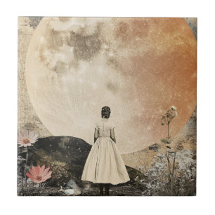 Moonlit Elegance - Back View of Woman with Moon 2 Ceramic Tile