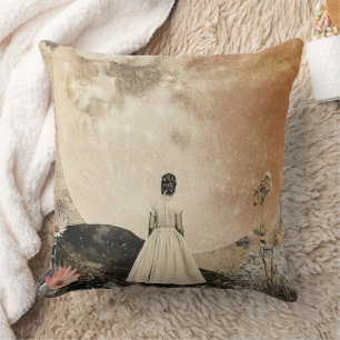 Moonlit Elegance - Back View of Woman with Moon 2 Cushion