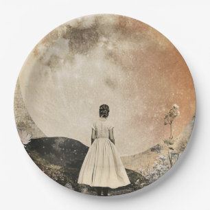 Moonlit Elegance - Back View of Woman with Moon 2 Paper Plate