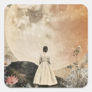Moonlit Elegance - Back View of Woman with Moon 2 Square Sticker