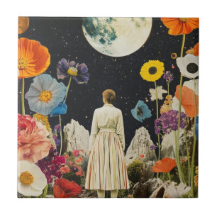 Moonlit Elegance - Back View of Woman with Moon 3 Ceramic Tile