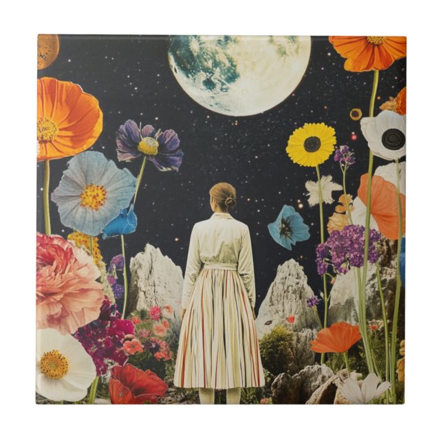 Moonlit Elegance - Back View of Woman with Moon 3 Ceramic Tile (Front)