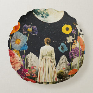 Moonlit Elegance - Back View of Woman with Moon 3 Round Cushion