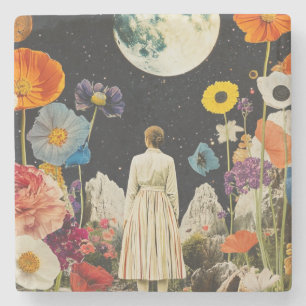 Moonlit Elegance - Back View of Woman with Moon 3 Stone Coaster