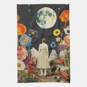 Moonlit Elegance - Back View of Woman with Moon 3 Tea Towel